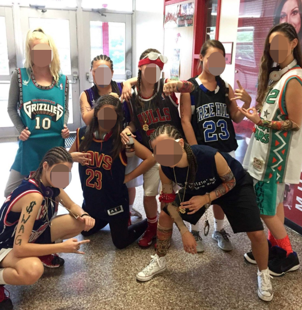 A photo of Memorial High School students wearing cornrows and fake tattoos for Spirit Week.&nbsp;