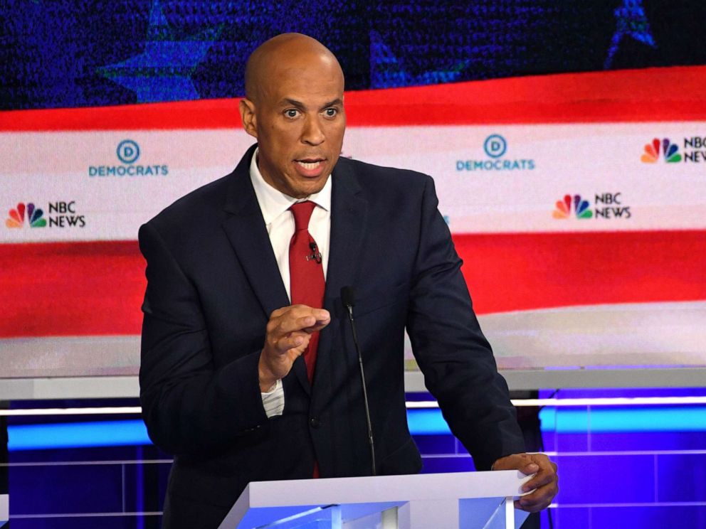PHOTO: Sen. Cory Booker participates in the first Democratic primary debate of the 2020 presidential campaign season hosted by NBC News at the Adrienne Arsht Center for the Performing Arts in Miami, June 26, 2019.