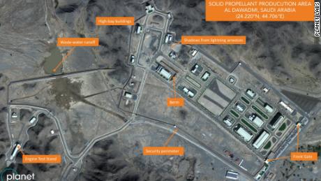 Satellite imagery captured on November 13, 2018 shows a suspected ballistic missile factory at a missile base in al-Watah, Saudi Arabia. Image was initially discovered by Planet Labs and the Middlebury Institute of International Studies at Monterey.