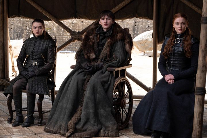 Arya, Bran and Sansa Stark at the end of Season 8.