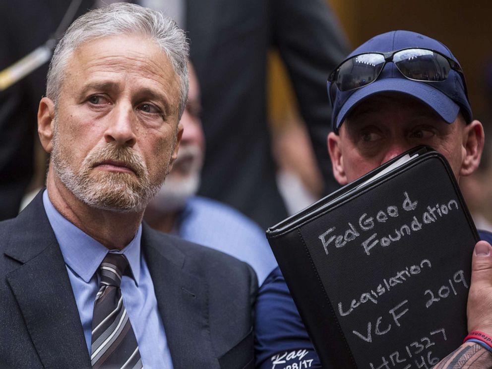 PHOTO:Former Daily Show Host Jon Stewart and FealGood Foundation co-founder John Fealis before testifying during a House Judiciary Committee hearing on Capitol Hill, June 11, 2019 in Washington, D.C.