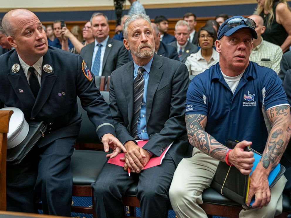 PHOTO: Entertainer and activist Jon Stewart lends his support to firefighters, first responders and survivors of the September 11 terror attacks at a hearing on Capitol Hill in Washington, June 11, 2019.