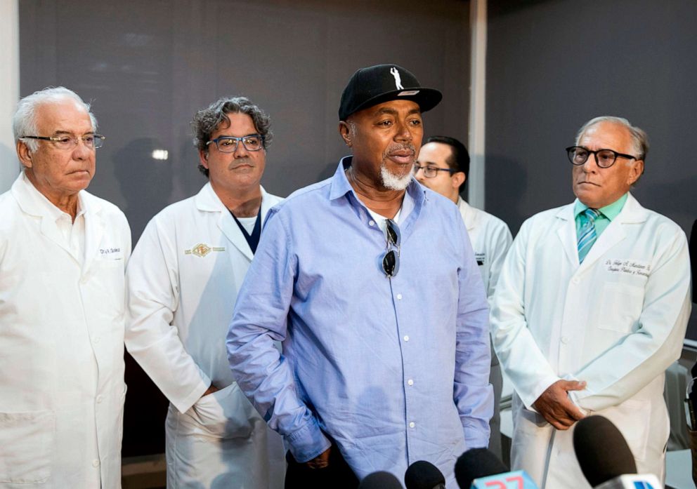 PHOTO: Accompanied by the medical team, the father of former Red Sox player David Ortiz, Leo Ortiz, speaks to the press, June 10, 2019, during a press conference at the clinic where David was admitted after being shot in Santo Domingo, Dominican Republic.
