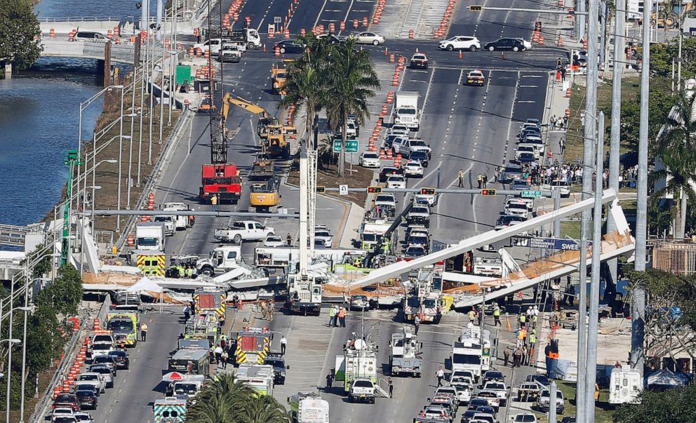 PHOTO: Aerial view shows a pedestrian bridge collapsed at Florida International University in Miami, Florida, March 15, 2018.