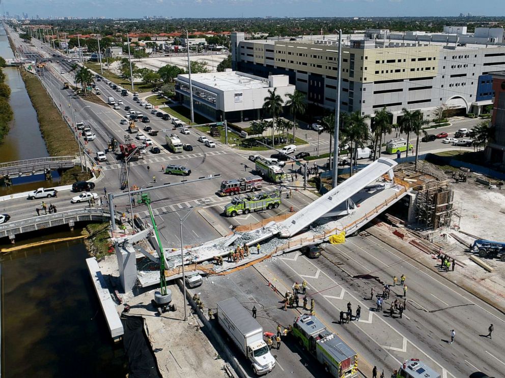 PHOTO: This photo provided by DroneBase shows the collapsed pedestrian bridge at Florida International University in the Miami, March 15, 2018.