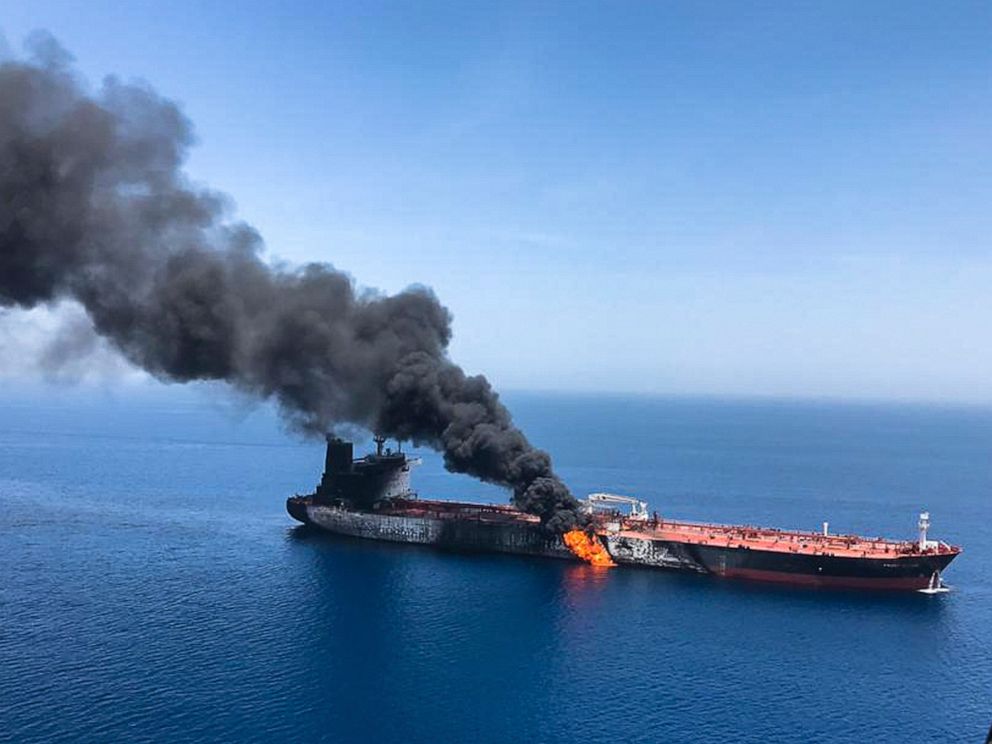 PHOTO: An oil tanker is on fire in the sea of Oman, June 13, 2019.