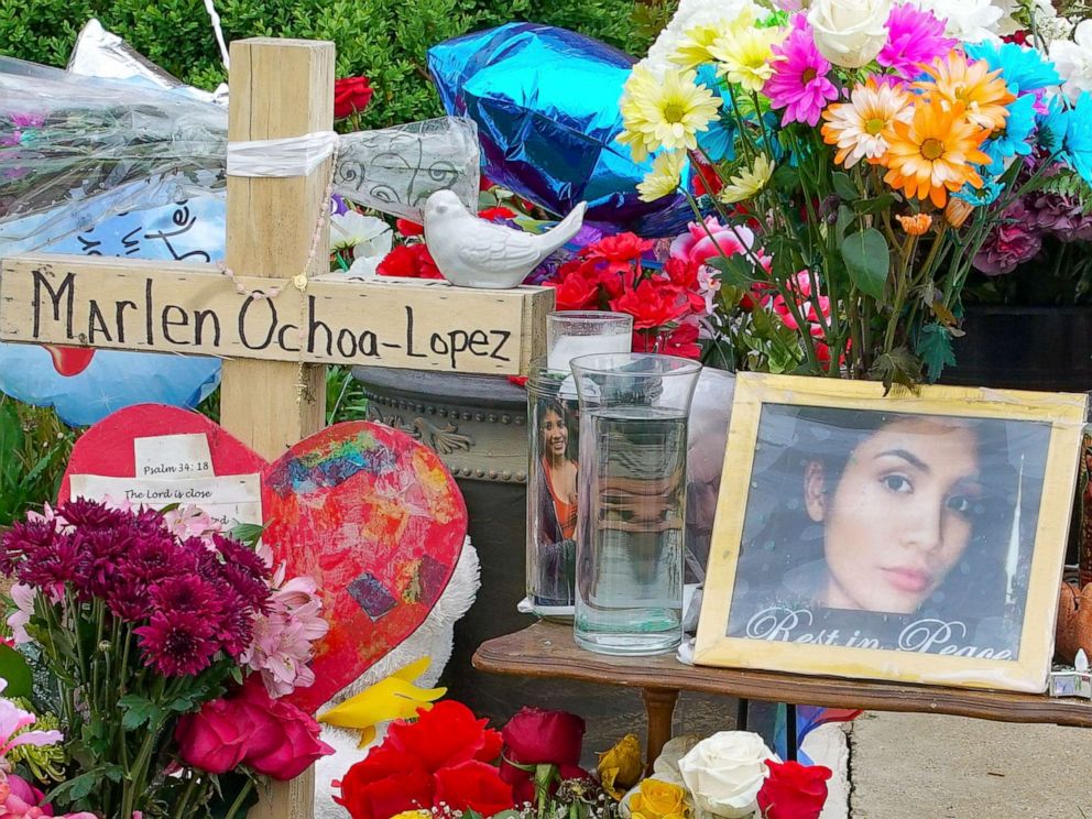 PHOTO: A memorial for Marlen Ochoa-Lopez is displayed outside of the home where Ochoa-Lopez was murdered last month, May 17, 2019. 