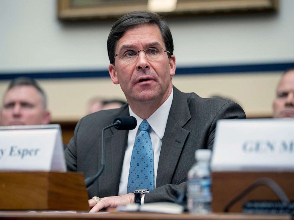PHOTO: In this April 2, 2019, file photo, Secretary of the Army Mark Esper speaks during a House Armed Services Committee budget hearing on Capitol Hill in Washington, D.C.