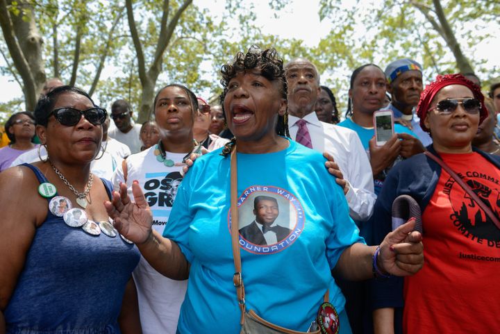 Gwen Carr, Eric Garner's mother, speaks in Brooklyn during a march commemorating the two-year anniversary of her son's death.