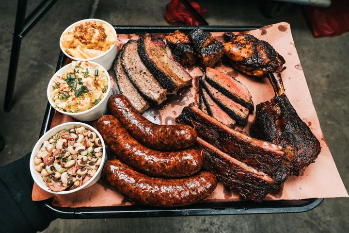 A tray of meats and sides from Matt Horn's Horn Barbecue in the Bay Area of Northern California.
