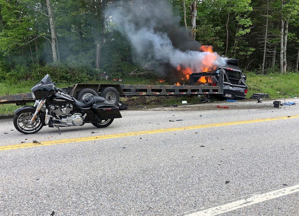 PHOTO: This photo provided by Miranda Thompson shows the scene where several motorcycles and a pickup truck collided on a rural highway on June 21, 2019, in Randolph, N.H