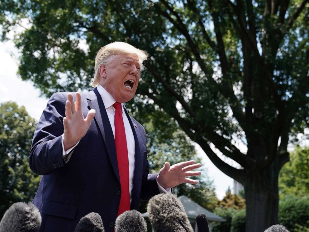 PHOTO: President Donald Trump speaks to the press as he departs the White House, June 26, 2019, on his way to Osaka, Japan, for the G20 Summit.