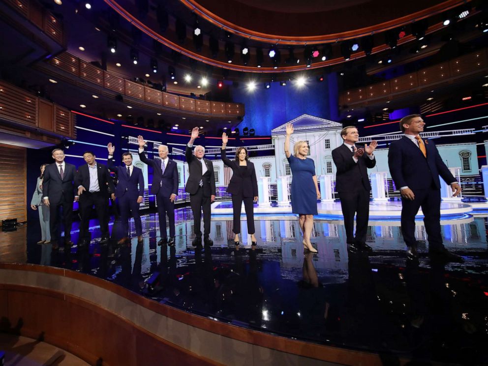 PHOTO: 2020 democratic presidential candidates participate in the second night of the first 2020 democratic presidential debate at the Adrienne Arsht Center for the Performing Arts in Miami, June 27, 2019.