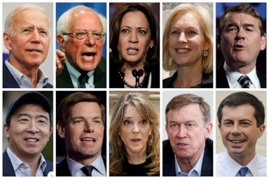 PHOTO: The line up of U.S. Democratic presidential candidates who will participate in the partys second of two nights of debate in Miami on June 27, 2019.