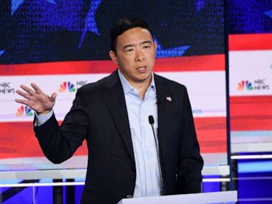 PHOTO: Andrew Yang participates in the second night of the first 2020 democratic presidential debate at the Adrienne Arsht Center for the Performing Arts in Miami, June 27, 2019.