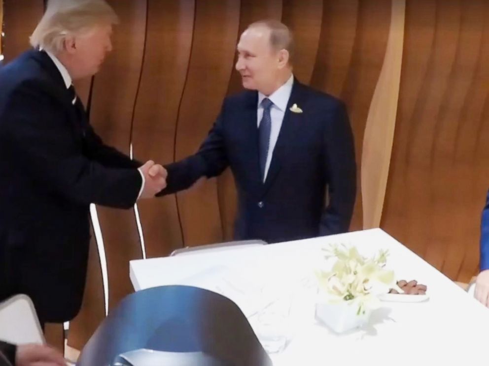 PHOTO: President Donald Trump and Russian President Vladimir Putin shake hands at the G-20 summit in Hamburg, Germany, July 7, 2017.