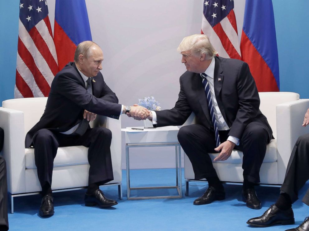PHOTO: President Donald Trump shakes hands with Russian President Vladimir Putin at the G-20 Summit, July 7, 2017, in Hamburg, Germany.