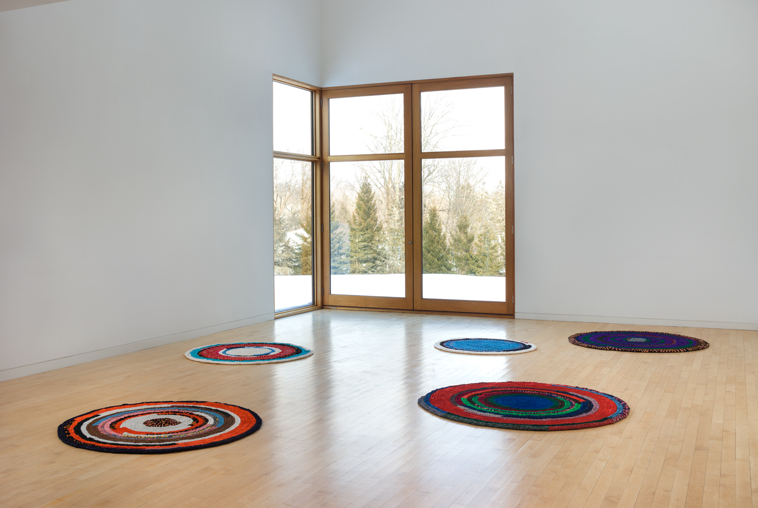 Installation view of "Harmony Hammond: Material Witness: Five Decades of Art," 2019, showing six examples from her "Presence" series, 1971–1972, at the Aldrich Contemporary Art Museum, Ridgefield, Connecticut. 