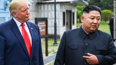 North Korea&#39;s leader Kim Jong Un speaks as he stands with US President Donald Trump south of the Military Demarcation Line that divides North and South Korea.