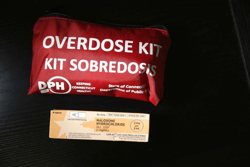 PHOTO: A box of the opioid antidote Naloxone, also known as Narcan, sits on display during a family addiction support group on March 23, 2016 in Groton, Conn.