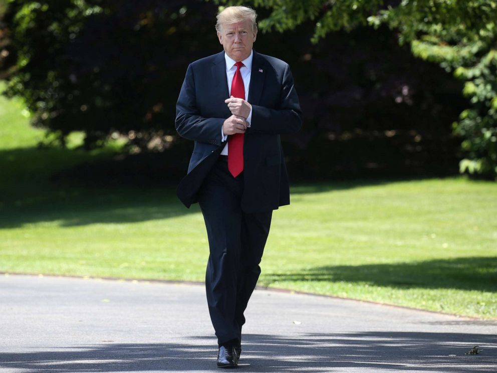 PHOTO: President Donald Trump leaves the Oval Office to speak to the news media before boarding Marine One from the South Lawn of the White House, May 24, 2019.