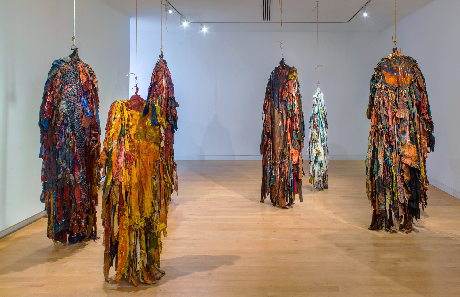 Installation view of "Harmony Hammond: Material Witness: Five Decades of Art," 2019, showing six examples from her "Presence" series, 1971–1972, at the Aldrich Contemporary Art Museum, Ridgefield, Connecticut. 