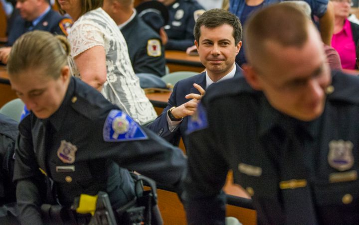 South Bend, Indiana, Mayor Pete Buttigieg attends the city's police officer swearing-in ceremony on Wednesday, days after a w