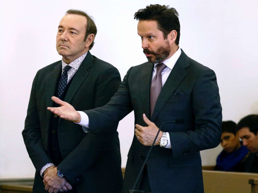 PHOTO: Kevin Spacey stands in district court as his attorney Alan Jackson, right, addresses the judge during an arraignment hearing, Jan. 7, 2019, in Nantucket, Mass. 