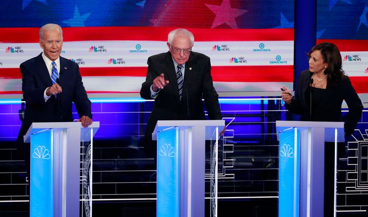 Former Vice President Joe Biden, Sen. Bernie Sanders (I-Vt.) and Sen. Kamala Harris (D-Calif.) at the Democratic primary deba