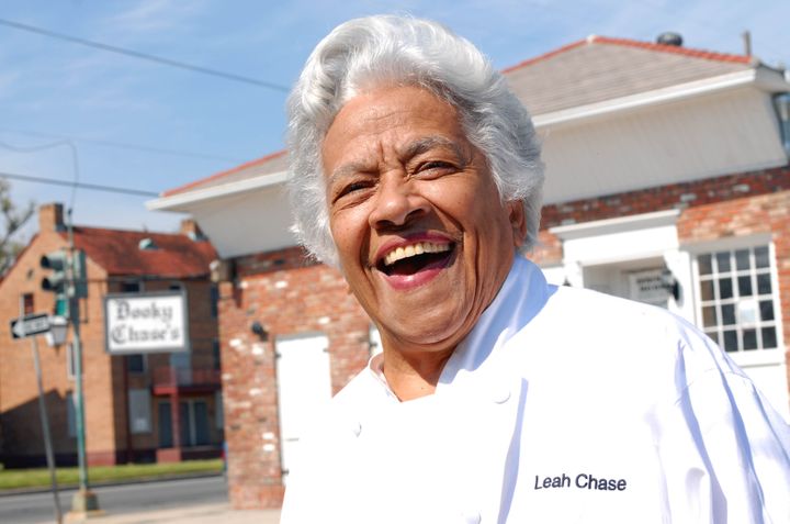 Chef Leah Chase stands outside her famous Creole restaurant, Dookie Chase's, which was flooded out during Hurricane Katrina, 