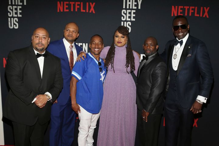 Director Ava DuVernay, with the men known as the Central Park Five: Raymond Santana, Kevin Richardson, Korey Wise, Anthony Mc