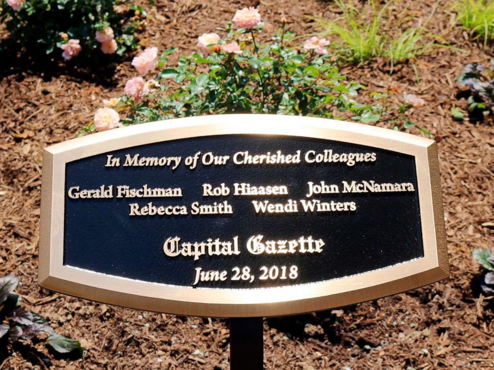 PHOTO: A memorial to the five Capital Gazette employees, who died in a shooting in the newspapers newsroom last year, was unveiled Friday, June, 28, 2019, at a park in Annapolis, Md.