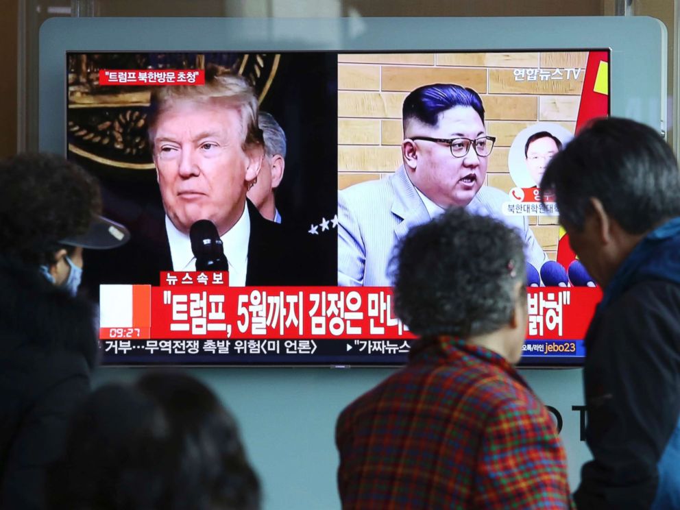 PHOTO: People watch a TV screen showing North Korean leader Kim Jong Un and President Donald Trump, left, at the Seoul Railway Station in Seoul, South Korea, March 9, 2018. Trump has accepted an invitation from the North Korean leader to meet by May. 