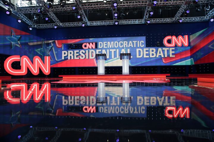 The stage for the CNN Democratic presidential primary debate between Sen. Bernie Sanders (I-Vt.) and Hillary Clinton, in Broo