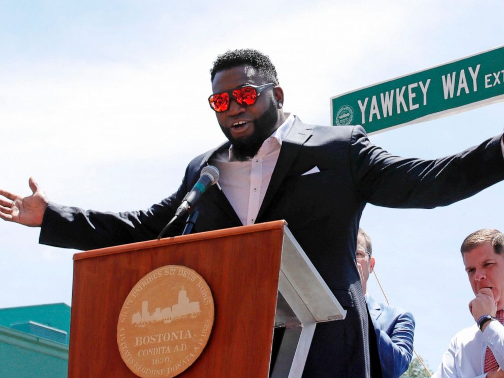 PHOTO: In this June 22, 2017, file photo, retired Boston Red Sox designated hitter David Ortiz is honored with the renaming of a portion of Yawkey Way to David Ortiz Drive outside Fenway Park in Boston.