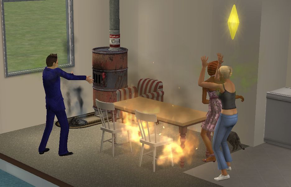 A "shoddy fireplace" did the trick to start a fire in "Sims 2." The cat, seen in the lower right corner, ended up running awa