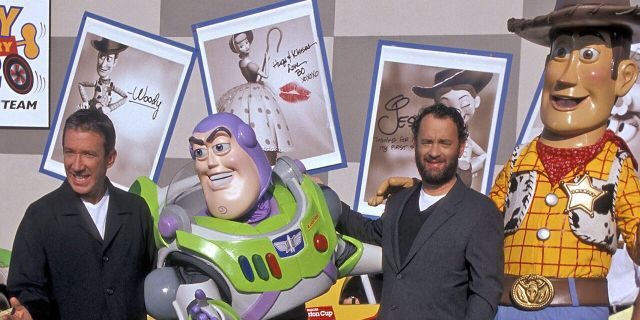 Tim Allen and Tom Hanks with their "Toy Story" characters Buzz Lightyear and Woody