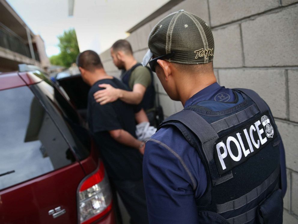 PHOTO: A man is detained by U.S. Immigration and Customs Enforcement (ICE) agents, Oct. 14, 2015, in Los Angeles, Calif.
