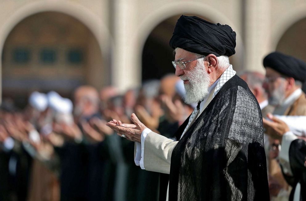 PHOTO: A handout picture provided by the Iranian supreme leader office on June 5, 2019, shows the Ayatollah Ali Khamenei, leading the Eid al-Fitr prayer at the Imam Khomeini Mausoleum in Tehran to mark the end of the Muslim fasting month of Ramadan.
