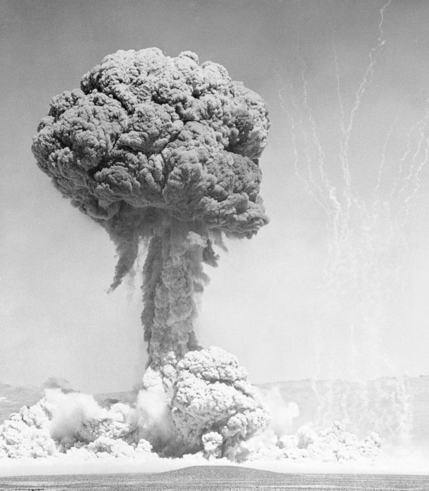 PHOTO: A view of the column and giant mushroom of the nuclear device detonation touched off on Frenchmans Flat in Las Vegas.