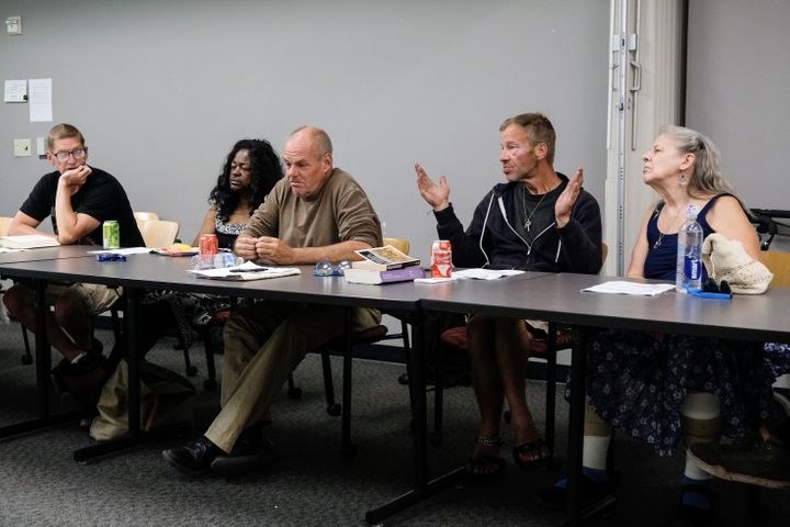 Members of the Austin Homelessness Advisory Committee meet at Terrazas Branch Library in Austin, Texas, on May 13, 2019.