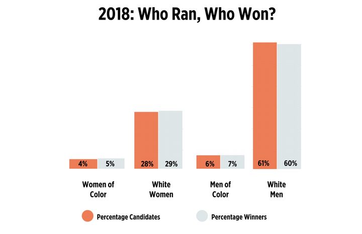 A chart tracking the demographics of 2018 midterm election candidates, and the rate at which they won.&nbsp;