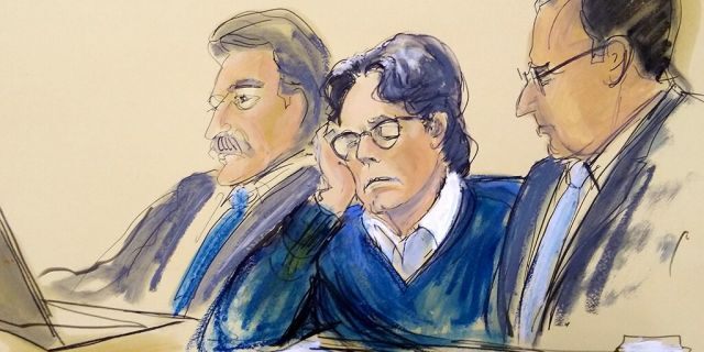 In this courtroom artist's sketch, defendant Keith Raniere, center, sits with attorneys Paul DerOhannesian, left, and Marc Agnifilo during closing arguments at Brooklyn federal court, Tuesday, June 18, 2019 in New York. A federal prosecutor said Raniere used his NXIVM organization to "tap into a never-ending flow of women and money." Attorneys for the defendant say he had no criminal intent and that his sexual encounters with followers were consensual. (Elizabeth Williams via AP)