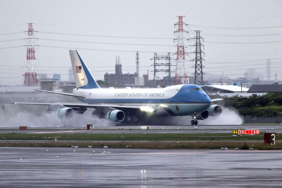 PHOTO: Air Force One, with President Donald Trump, lands at the Osaka International Airport for the G-20 Summit, June 27, 2019, in Osaka, Japan.
