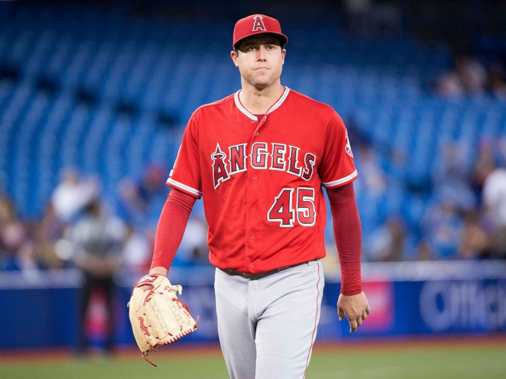PHOTO: Los Angeles Angels starting pitcher Tyler Skaggs (45) walks towards the dugout after being relieved during the eighth inning against the Toronto Blue Jays at Rogers Centre in Toronto, Canada, June 18, 2019.