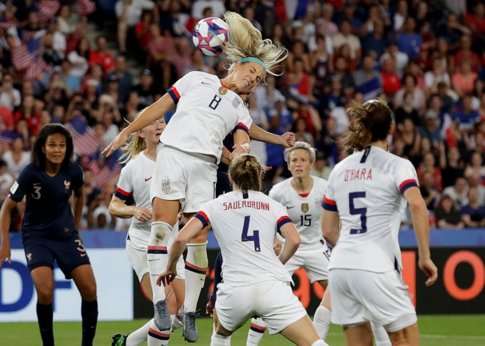 PHOTO: United States Julie Ertz leaps to head the ball during the Womens World Cup quarterfinal soccer match between France and the United States at Parc des Princes in Paris, June 28, 2019. 