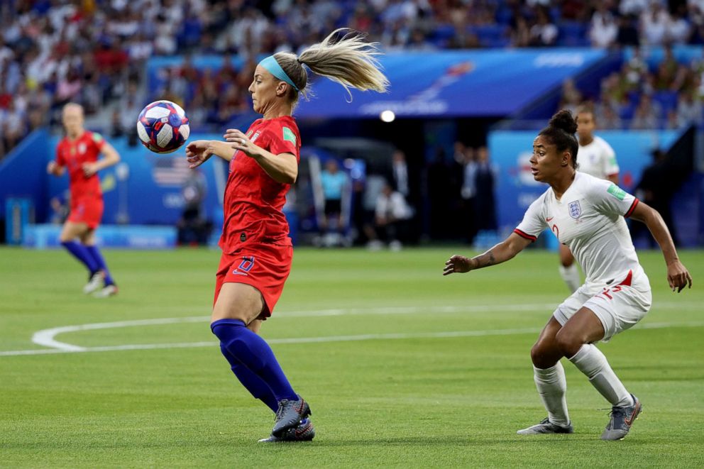 PHOTO: Julie Ertz of the USA looks to control the ball during the 2019 FIFA Womens World Cup France Semi Final match between England and USA at Stade de Lyon, July 02, 2019, in Lyon, France.