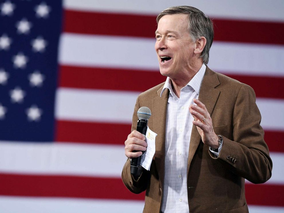 PHOTO:Democratic presidential candidate former Colorado Gov. John Hickenlooper speaks at an event on April 27, 2019, in Las Vegas.