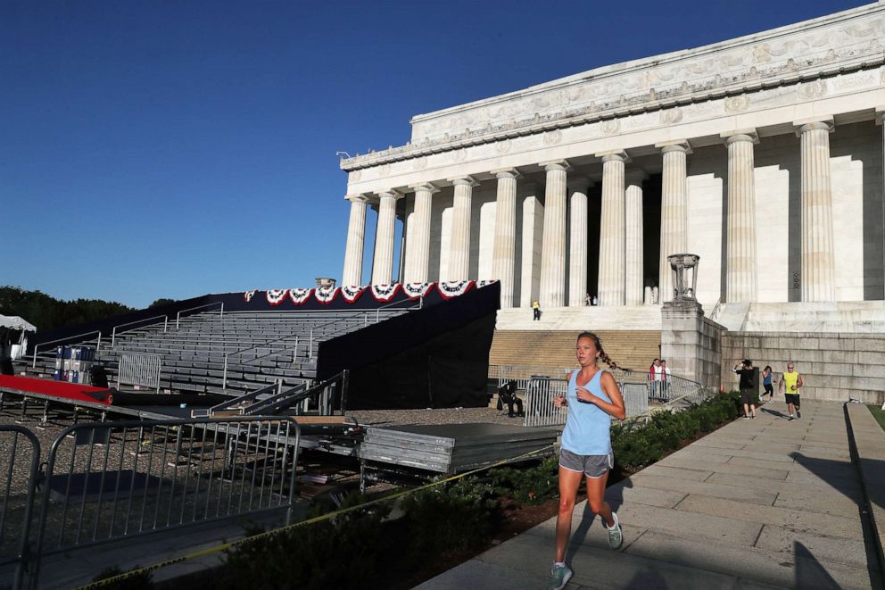 PHOTO:A jogger runs past the Lincoln Memorial ahead of the July 4th Salute to America celebration, July 2, 2019, in Washington, D.C.