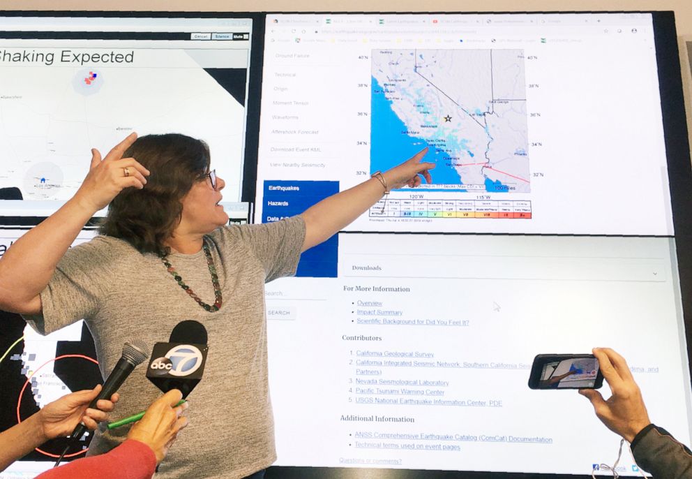 PHOTO: Seismologist Lucy Jones talks during a news conference at the Caltech Seismological Laboratory in Pasadena, Calif., Thursday, July 4, 2019.